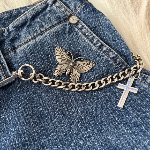 Upcycled Y2K Denim Micro Skirt Pleated Hem Fairy Butterfly Chain Streetwear Blue - Picture 5 of 7